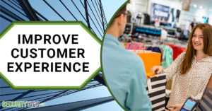 Improve Customer Experience. Image of a woman undergoing a retail transaction. Securitytags.com logo .