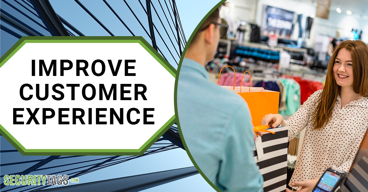 Improve Customer Experience. Image of a woman undergoing a retail transaction. Securitytags.com logo .